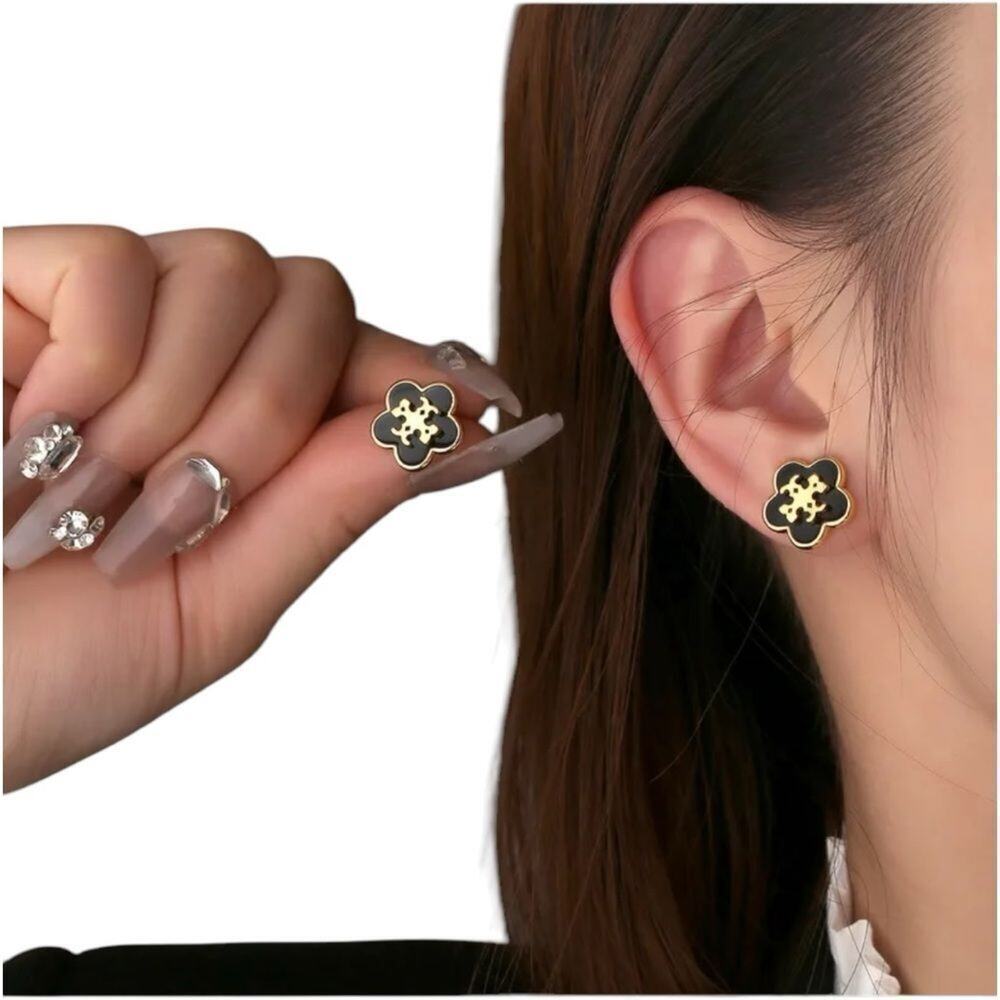 Designer Inspired Tory Black Gold Stud Earrings